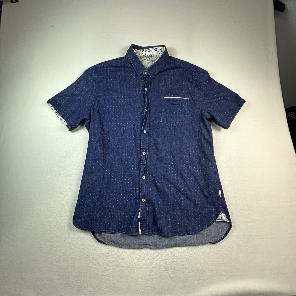 7 Diamonds Audio Tree Shirt Mens XL Blue Dots Stretch Denim Woven Button Up